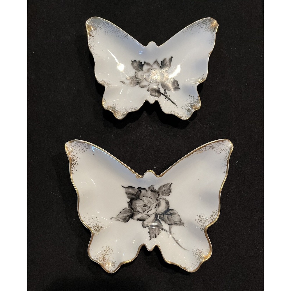 Lefton Butterfly Trinket Dish Set Of 2 Black,‎ White & Gold Floral Design